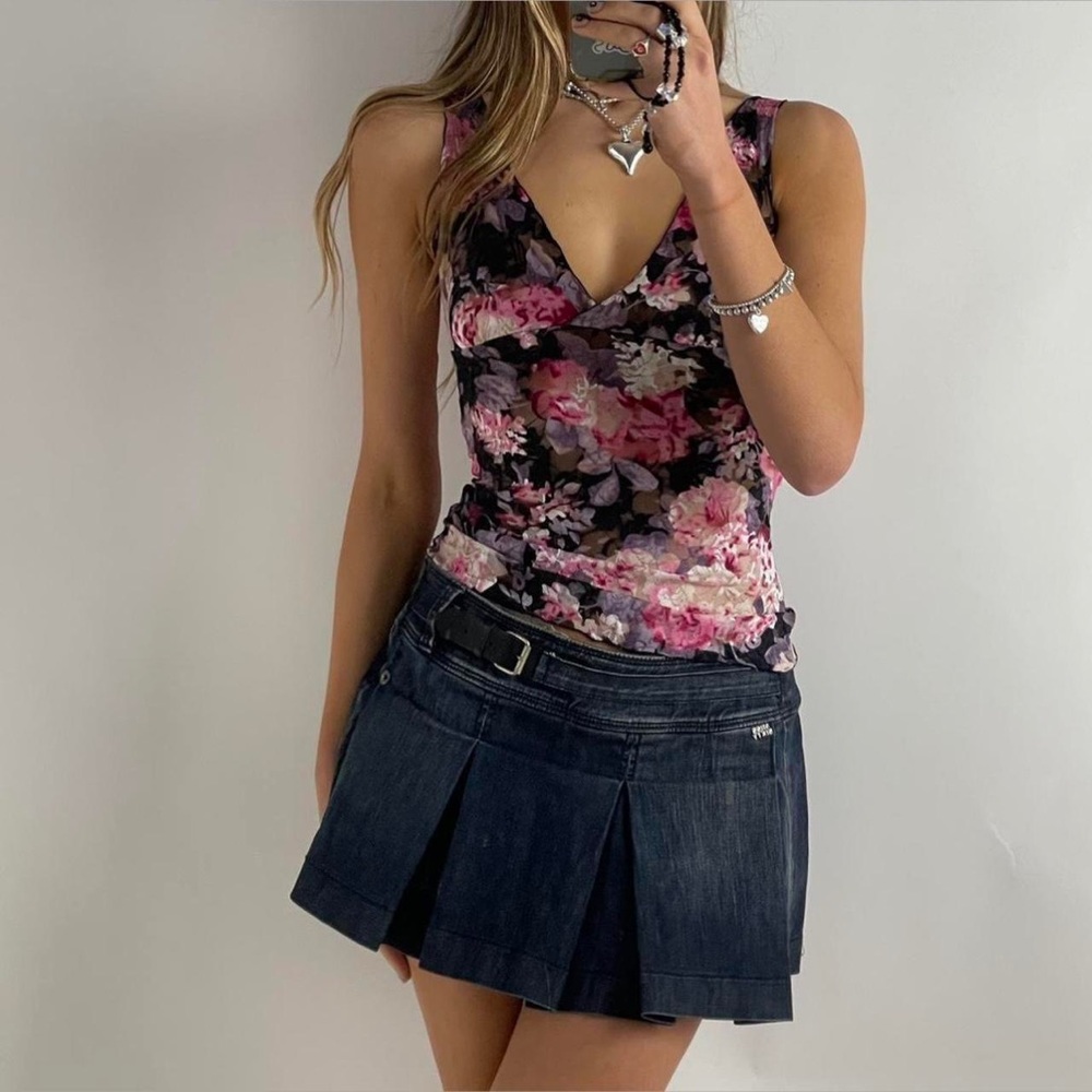 Vintage Black Pink Floral Mesh V Neck Cami Tank Top